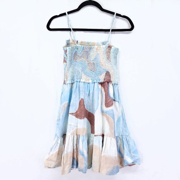 Aritzia Wilfred Linen Mini Dress Size Small Water Color Tiered Shirred Top - Picture 2 of 11